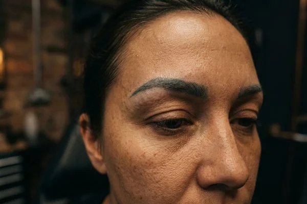 Grey-blue toned permanent brow pigment with an asymmetric shape before laser removal