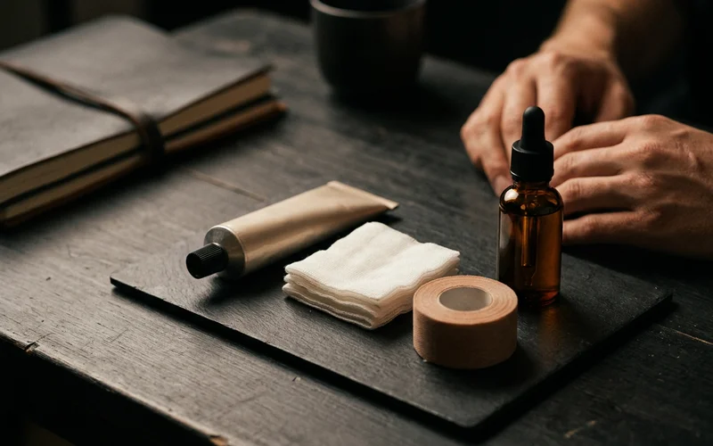 Aftercare products laid out on a matte black surface