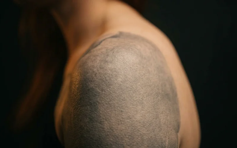 Close-up of a partially faded shoulder tattoo with lightened block shading, ready for cover-up work