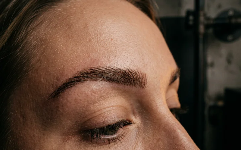 Close-up of microbladed brows before treatment, showing hair-stroke pigment
