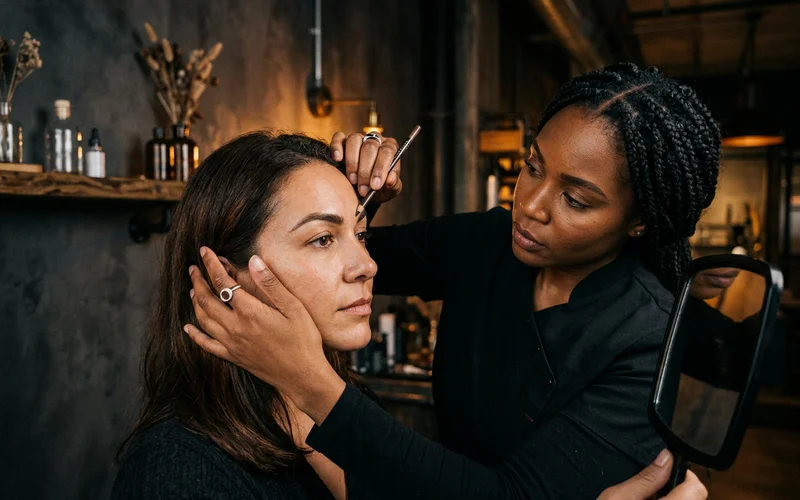 Consultation assessing brow shape and colour under studio lighting