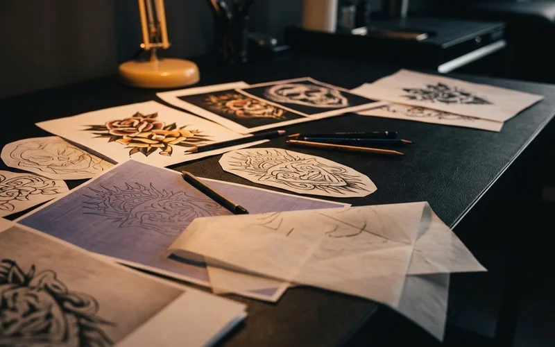 Design references and stencil work laid out on a matte black desk