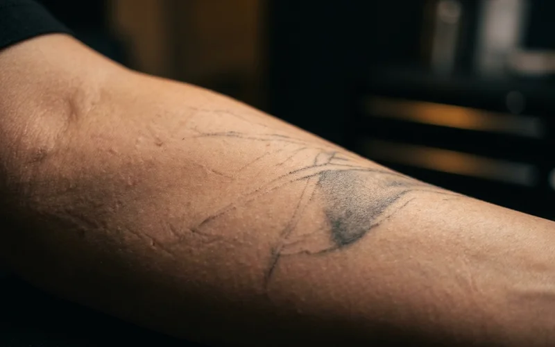 Detail of faded line work on skin showing remaining ink density