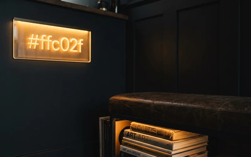 Detail of the studio reception area with warm amber signage against matte black walls