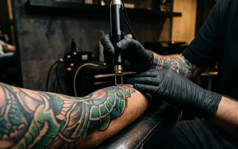 Laser handpiece positioned over coloured tattoo work