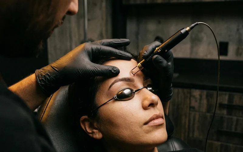 Precision laser handpiece positioned above a brow area