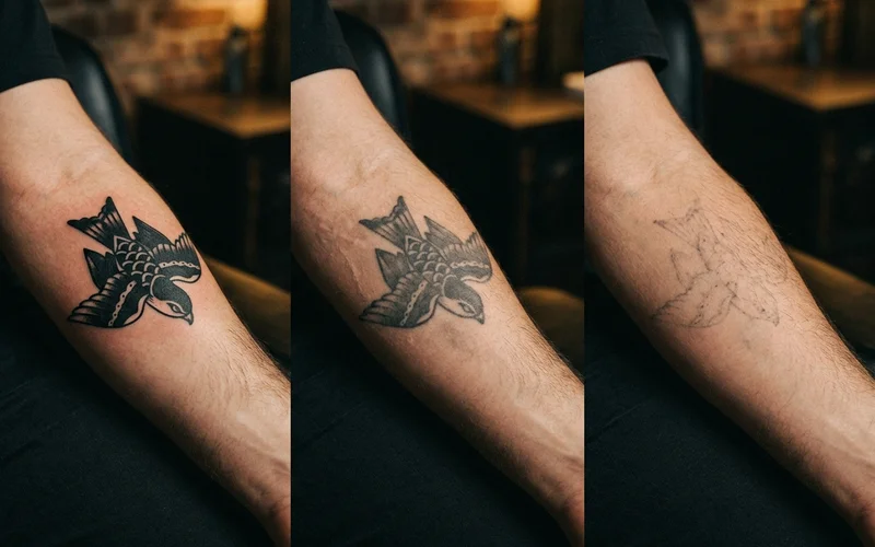 Progressive fading sequence of a black tattoo across multiple laser sessions