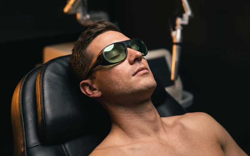 Relaxed client in protective eyewear during a short laser session