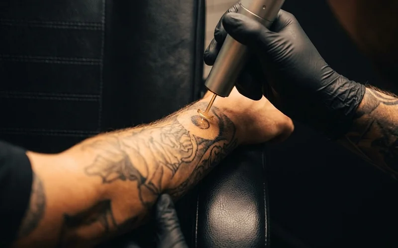A small patch test being performed on a tattooed forearm