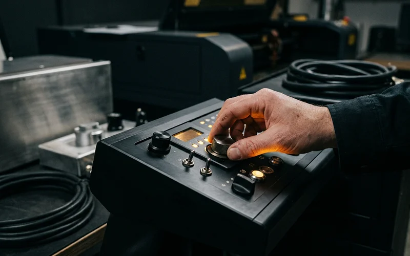 Technician adjusting wavelength settings on the laser console