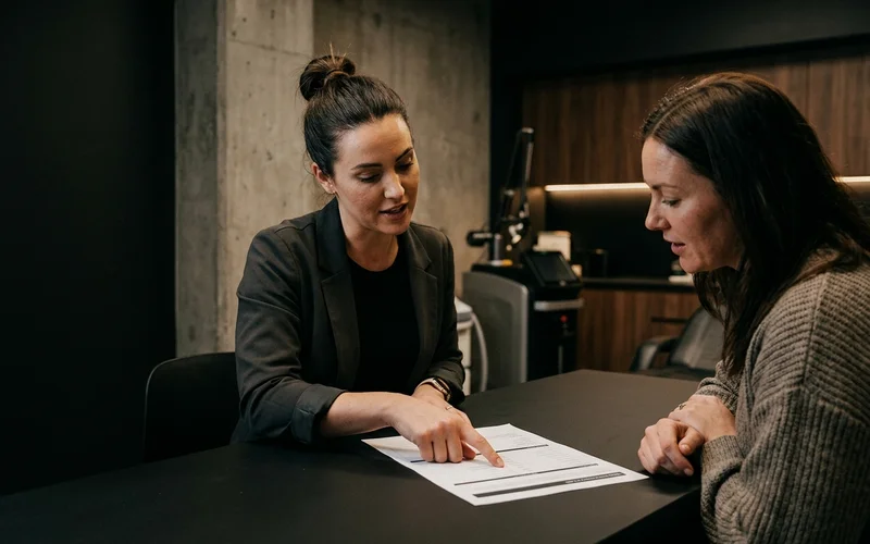 Technician and client reviewing a treatment plan together