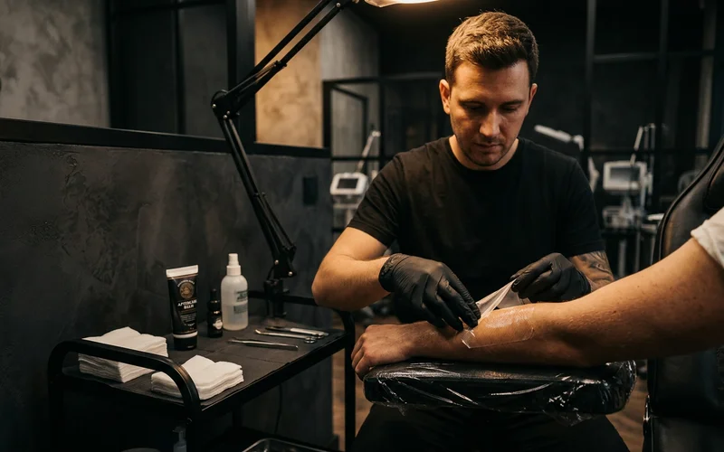 Technician applying a protective dressing to a freshly treated area
