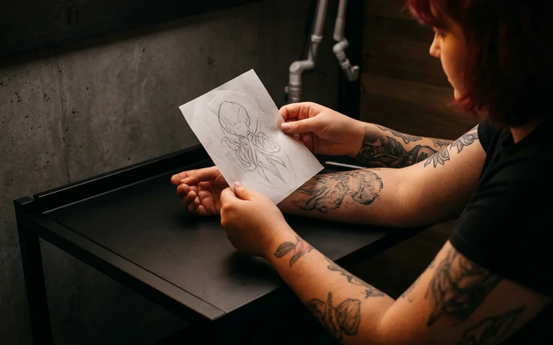 Technician assessing fade progress against a cover-up design sketch
