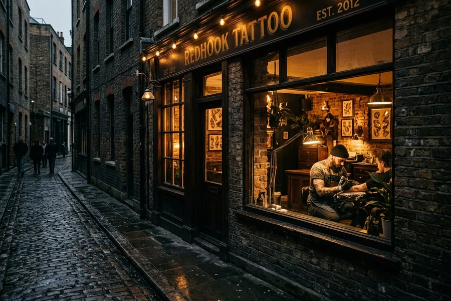 Exterior of the Cheshire Street studio in Shoreditch at dusk