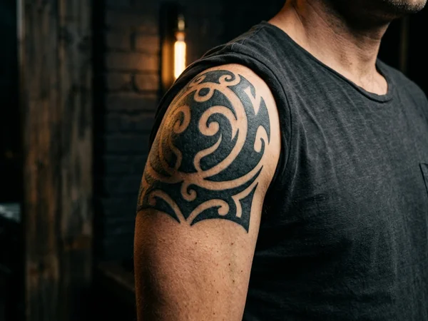 Dense black tribal shoulder tattoo before laser fading