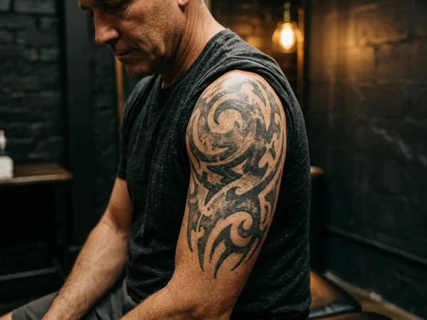 Partially faded dense black tribal shoulder tattoo ready for cover-up work