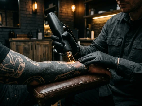 PicoWay handpiece treating a full black sleeve tattoo on a forearm