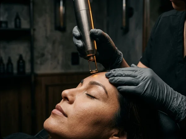 Precision PicoWay handpiece with a small spot size positioned above a brow area