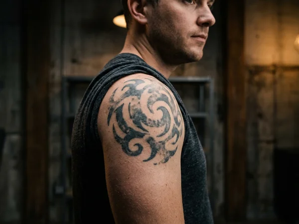 The same tribal tattoo after three PicoWay fading sessions, showing patchy lightened ink