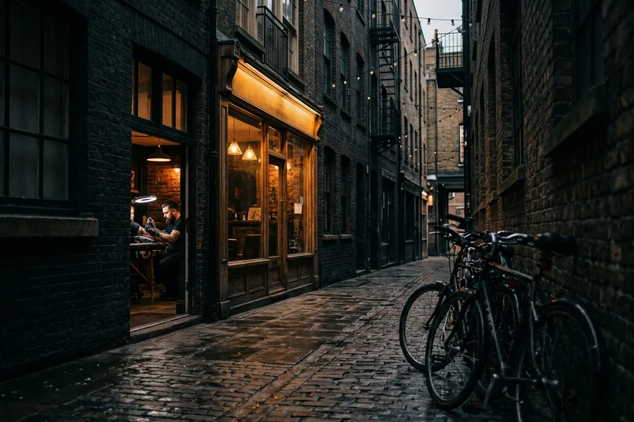 Street-level view of Cheshire Street, Shoreditch, at dusk