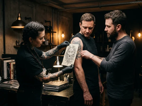 Tattoo artist and laser technician comparing a cover-up design against a faded arm piece